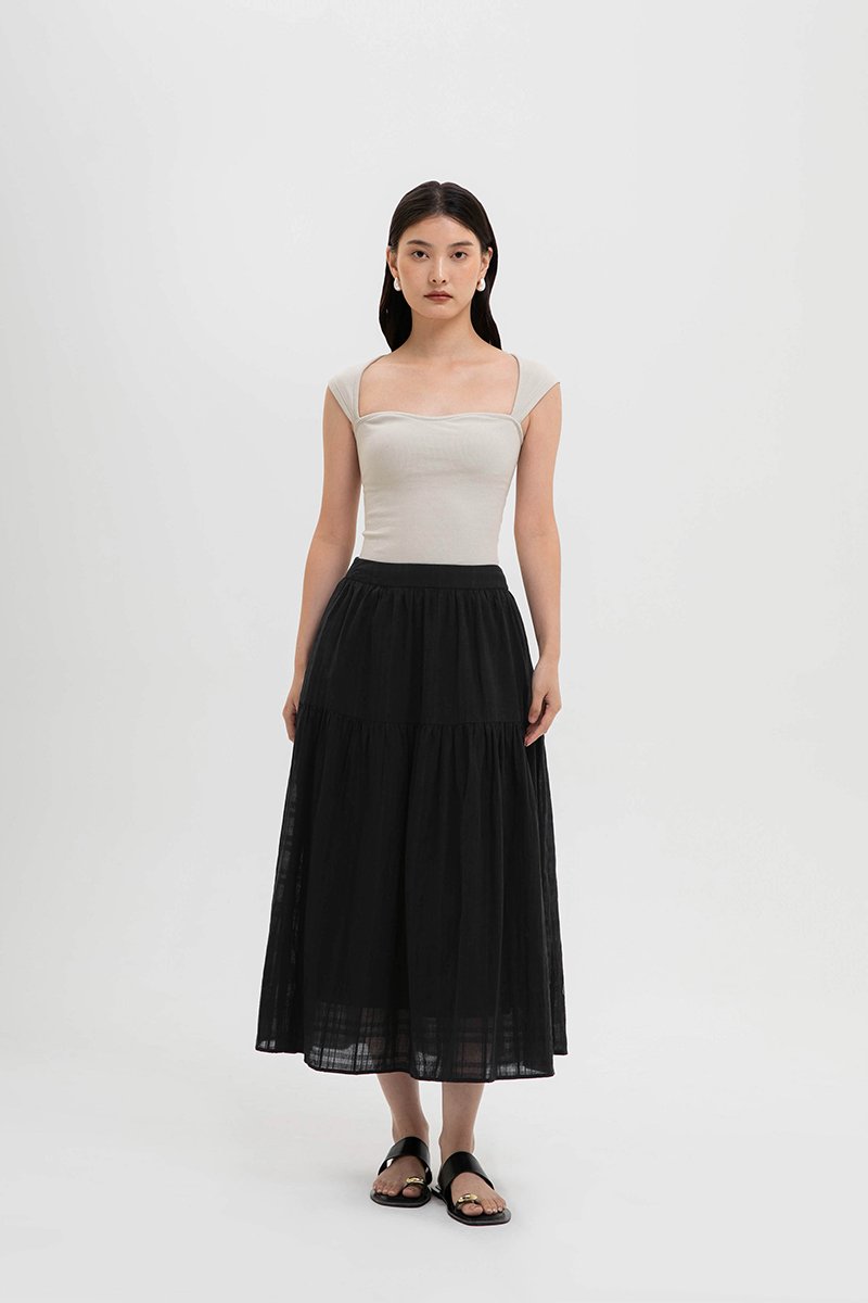 AVERYN RUCHED TIERED CHECKERED MIDI SKIRT