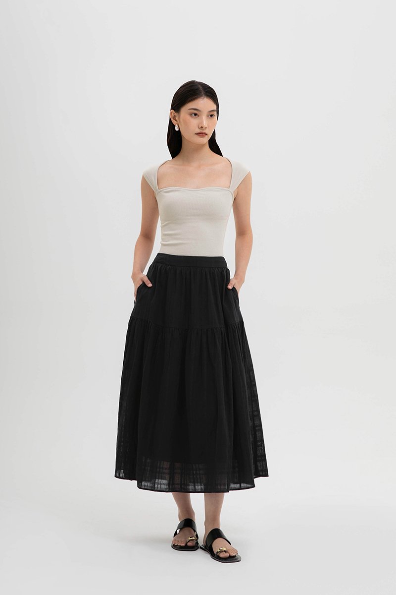 AVERYN RUCHED TIERED CHECKERED MIDI SKIRT