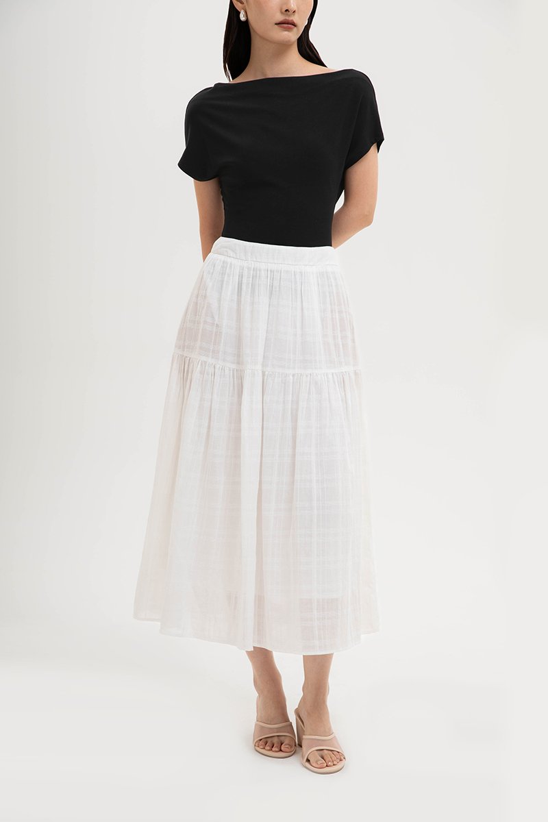 AVERYN RUCHED TIERED CHECKERED MIDI SKIRT