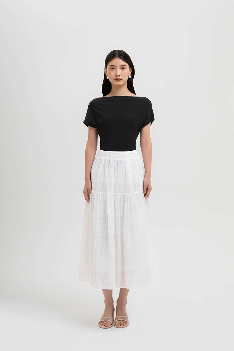 AVERYN RUCHED TIERED CHECKERED MIDI SKIRT