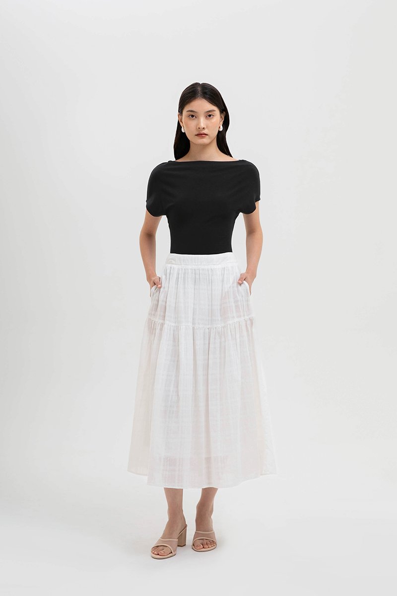 AVERYN RUCHED TIERED CHECKERED MIDI SKIRT