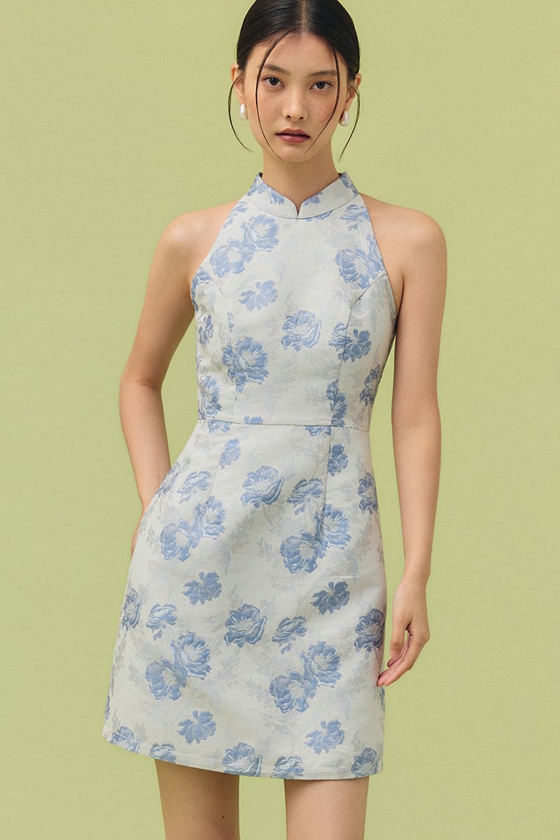 KYORI FLORAL JACQUARD HALTER MINI DRESS
