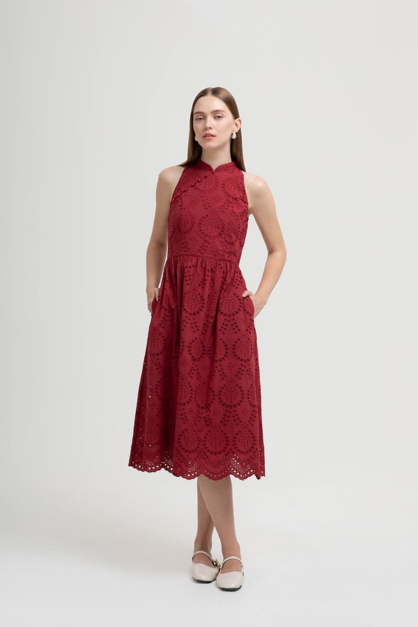 SOFIA EYELET CHEONGSAM MIDI DRESS