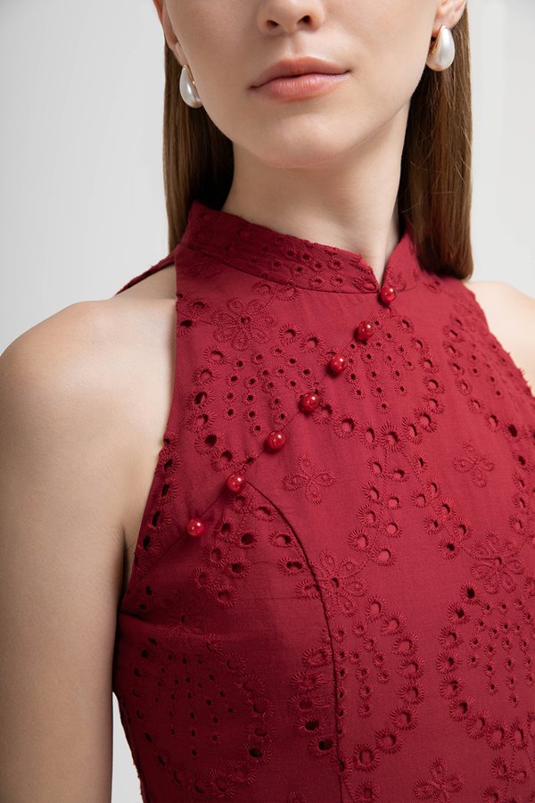 SOFIA EYELET CHEONGSAM MIDI DRESS