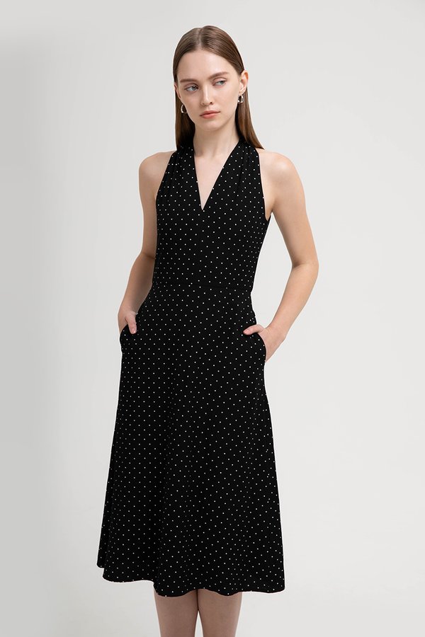 *BACKORDER* ISABELLA HALTER NECK POLKA DOT MIDI DRESS