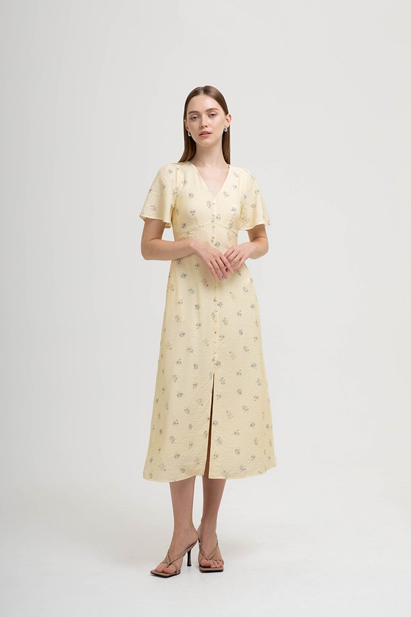 ANTHEA FLORAL PRINTED FLUTTER SLEEVES MIDI DRESS