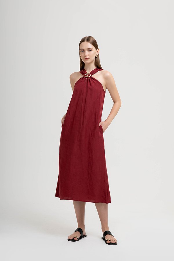 KATALINA LINEN MIDI DRESS W DETACHABLE BROOCH