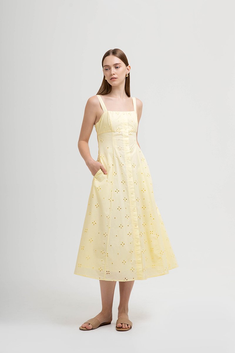 JADEY EYELET BUTTONDOWN MIDI DRESS