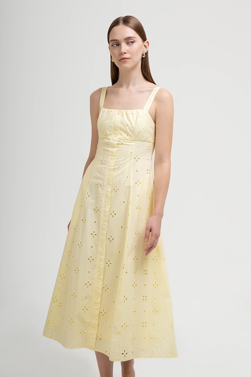 JADEY EYELET BUTTONDOWN MIDI DRESS