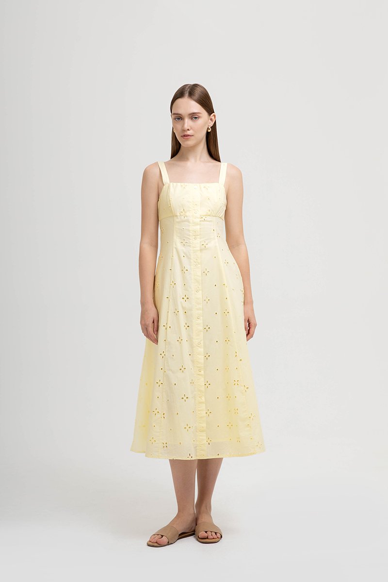 JADEY EYELET BUTTONDOWN MIDI DRESS