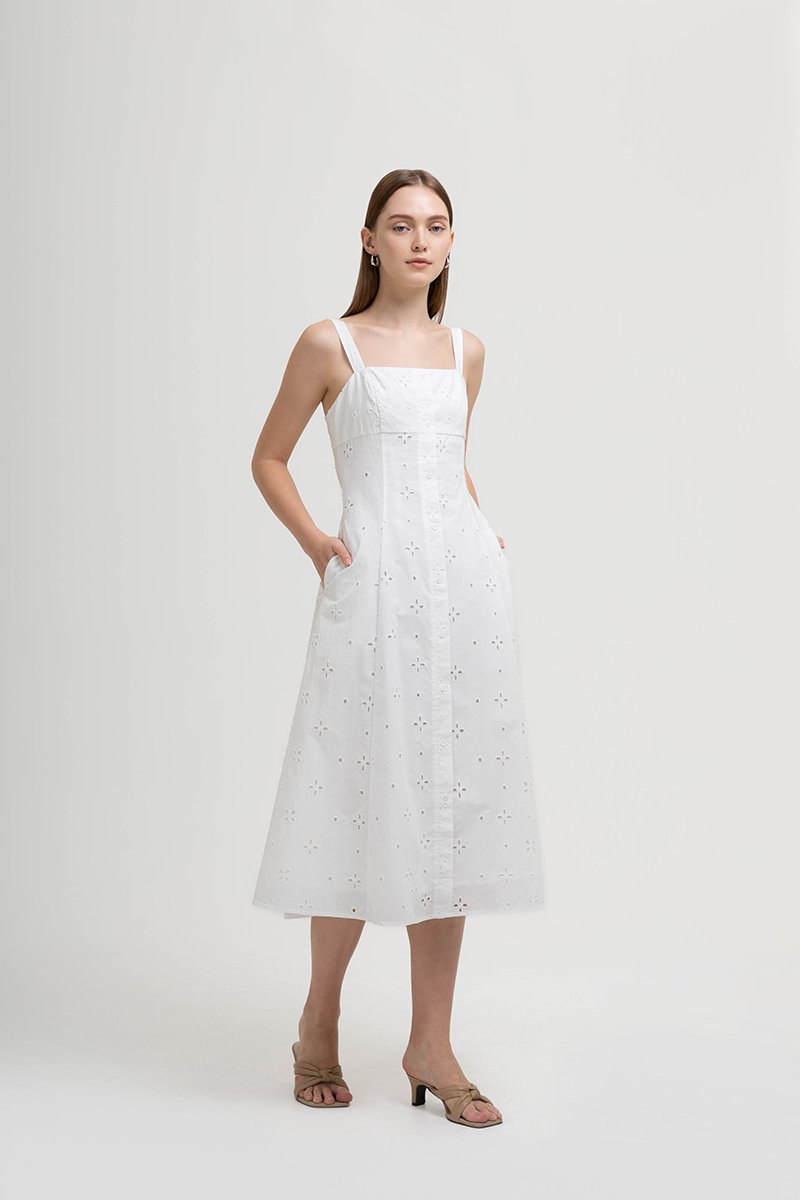 JADEY EYELET BUTTONDOWN MIDI DRESS