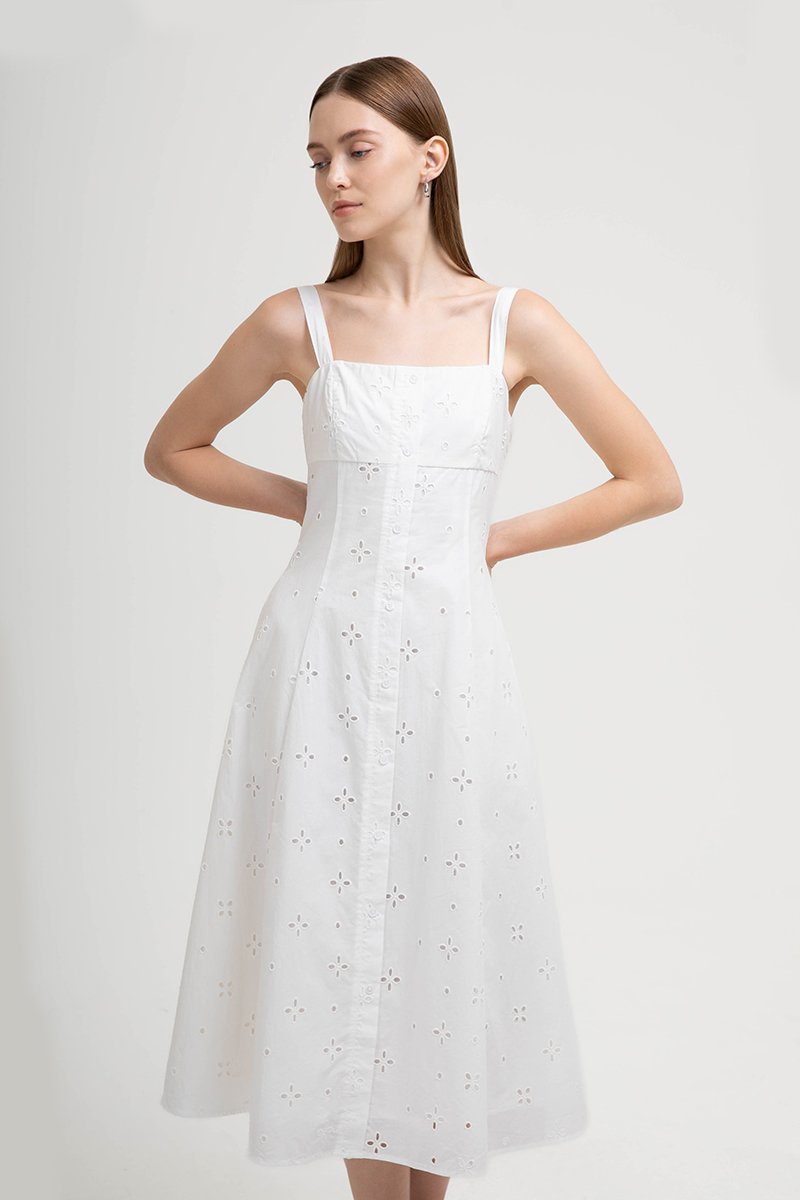 JADEY EYELET BUTTONDOWN MIDI DRESS