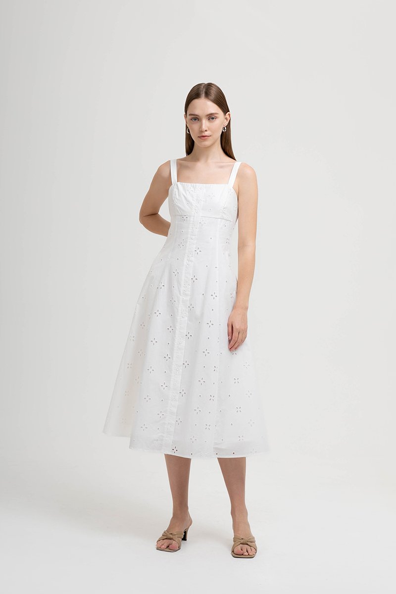 JADEY EYELET BUTTONDOWN MIDI DRESS