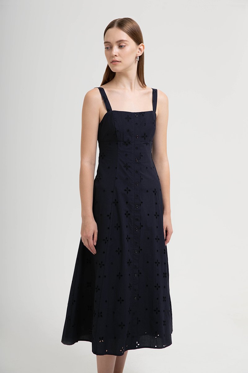 JADEY EYELET BUTTONDOWN MIDI DRESS