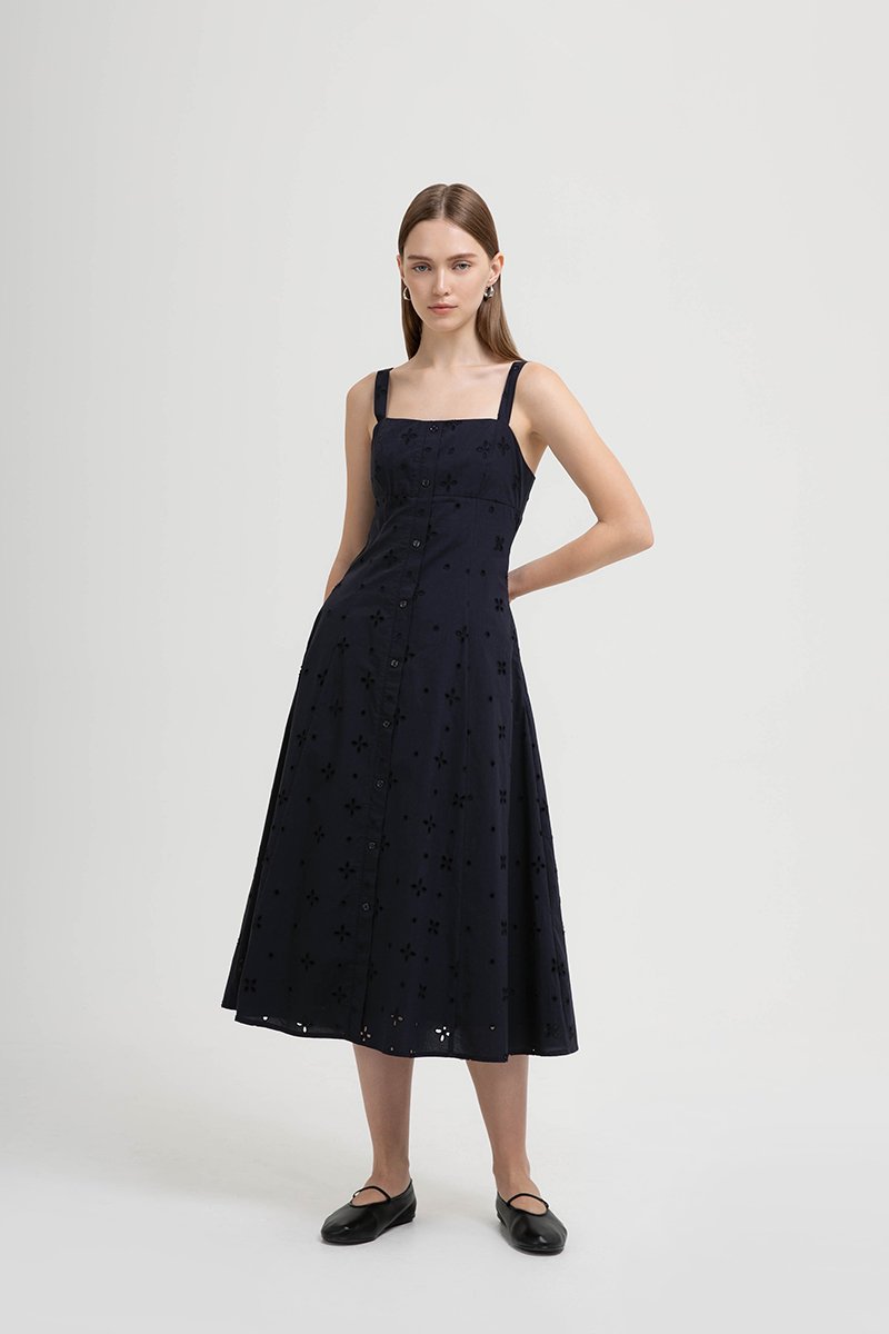 JADEY EYELET BUTTONDOWN MIDI DRESS