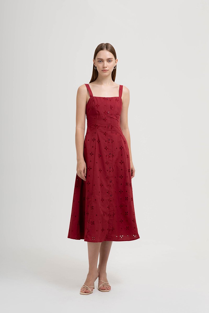 JADEY EYELET BUTTONDOWN MIDI DRESS