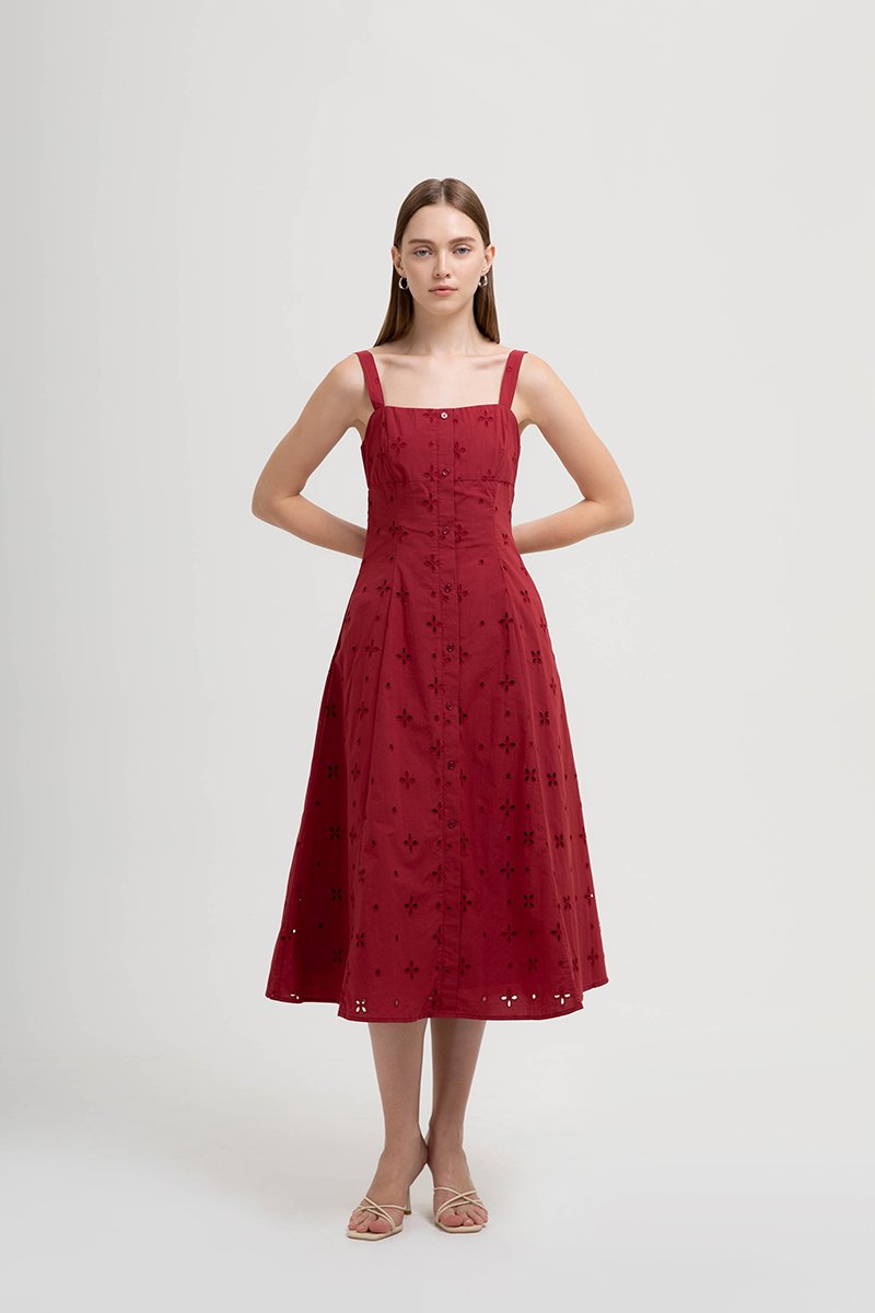 JADEY EYELET BUTTONDOWN MIDI DRESS