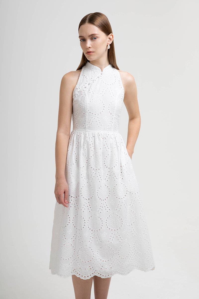 SOFIA EYELET CHEONGSAM MIDI DRESS