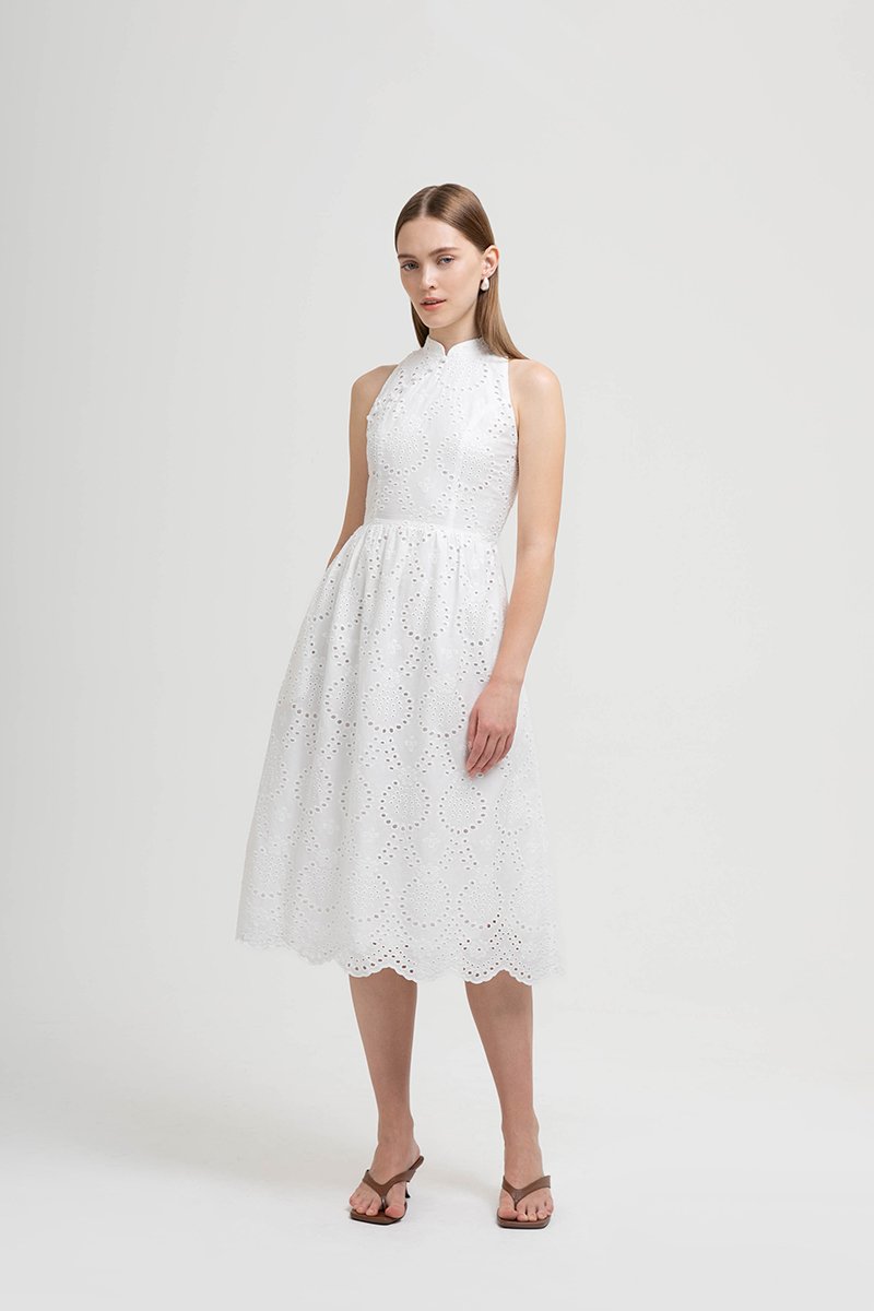SOFIA EYELET CHEONGSAM MIDI DRESS