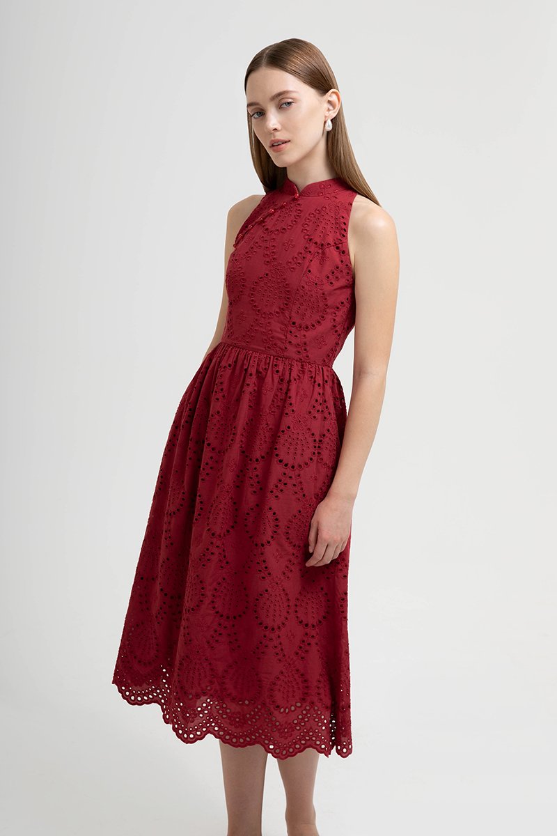 SOFIA EYELET CHEONGSAM MIDI DRESS