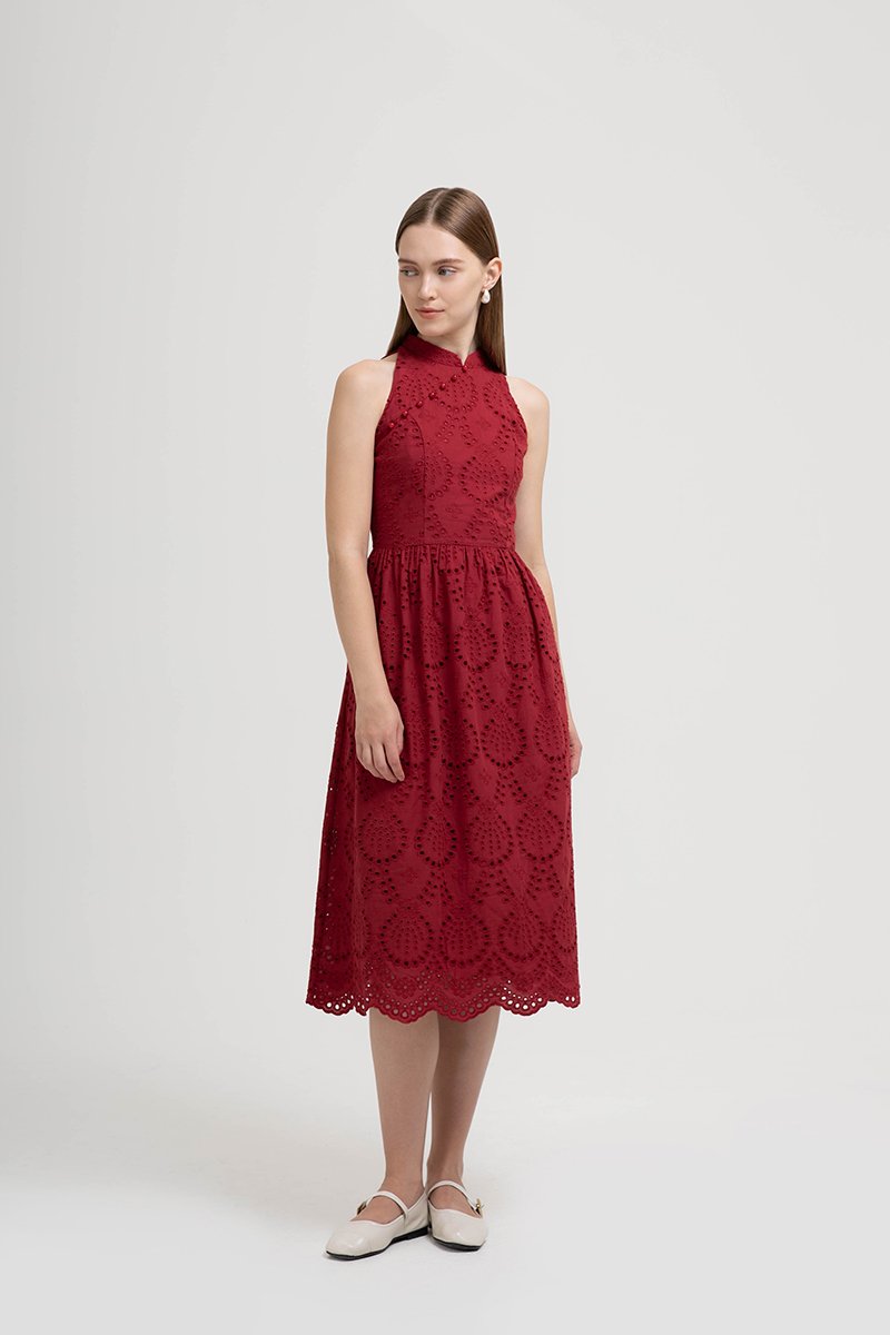 SOFIA EYELET CHEONGSAM MIDI DRESS