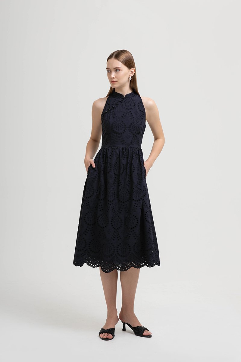 SOFIA EYELET CHEONGSAM MIDI DRESS