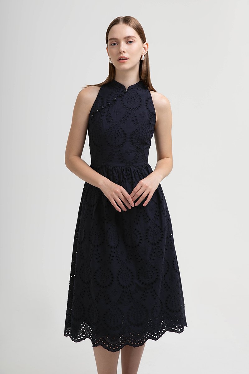 SOFIA EYELET CHEONGSAM MIDI DRESS