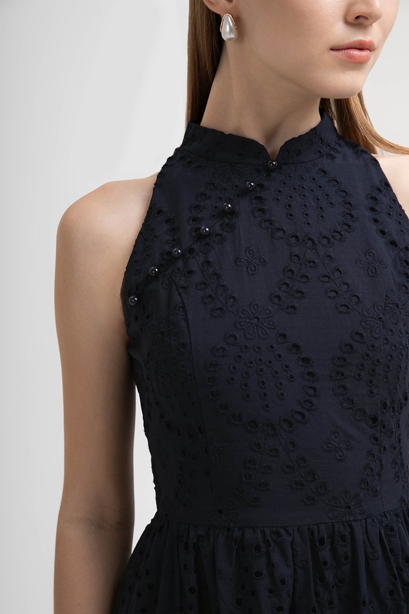 SOFIA EYELET CHEONGSAM MIDI DRESS