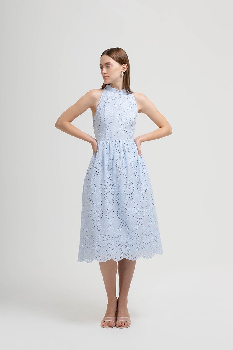 SOFIA EYELET CHEONGSAM MIDI DRESS