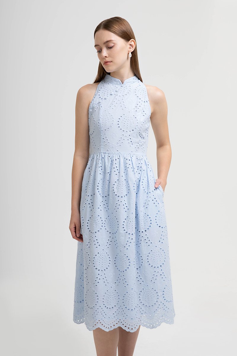 SOFIA EYELET CHEONGSAM MIDI DRESS