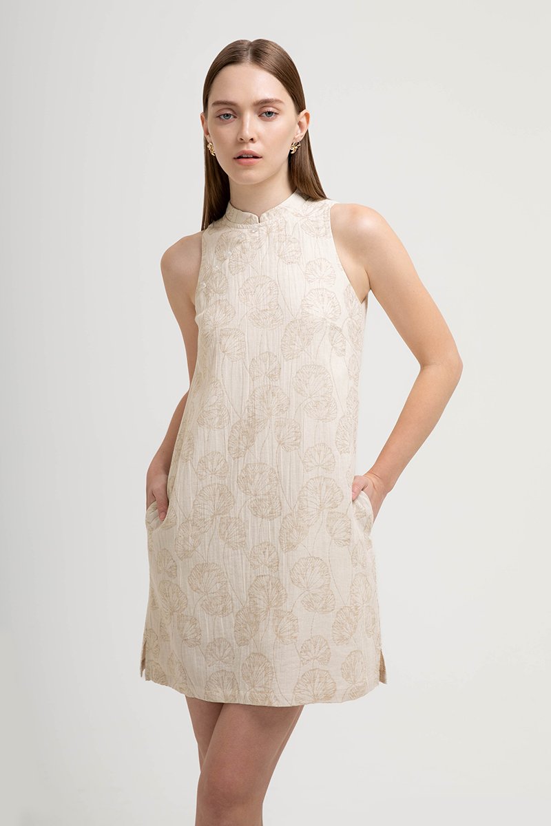 DANIELLA CHEONGSAM LINEN JACQUARD DRESS W DETACHABLE COLLAR