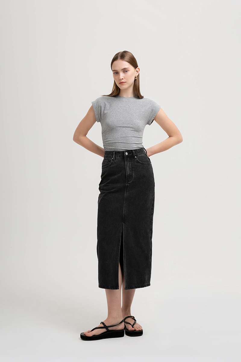 SADDIE DENIM MIDI SKIRT W SLIT
