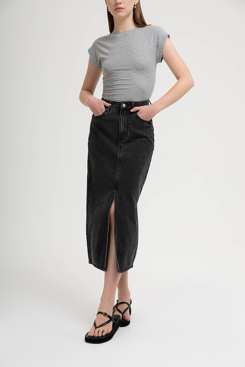 SADDIE DENIM MIDI SKIRT W SLIT
