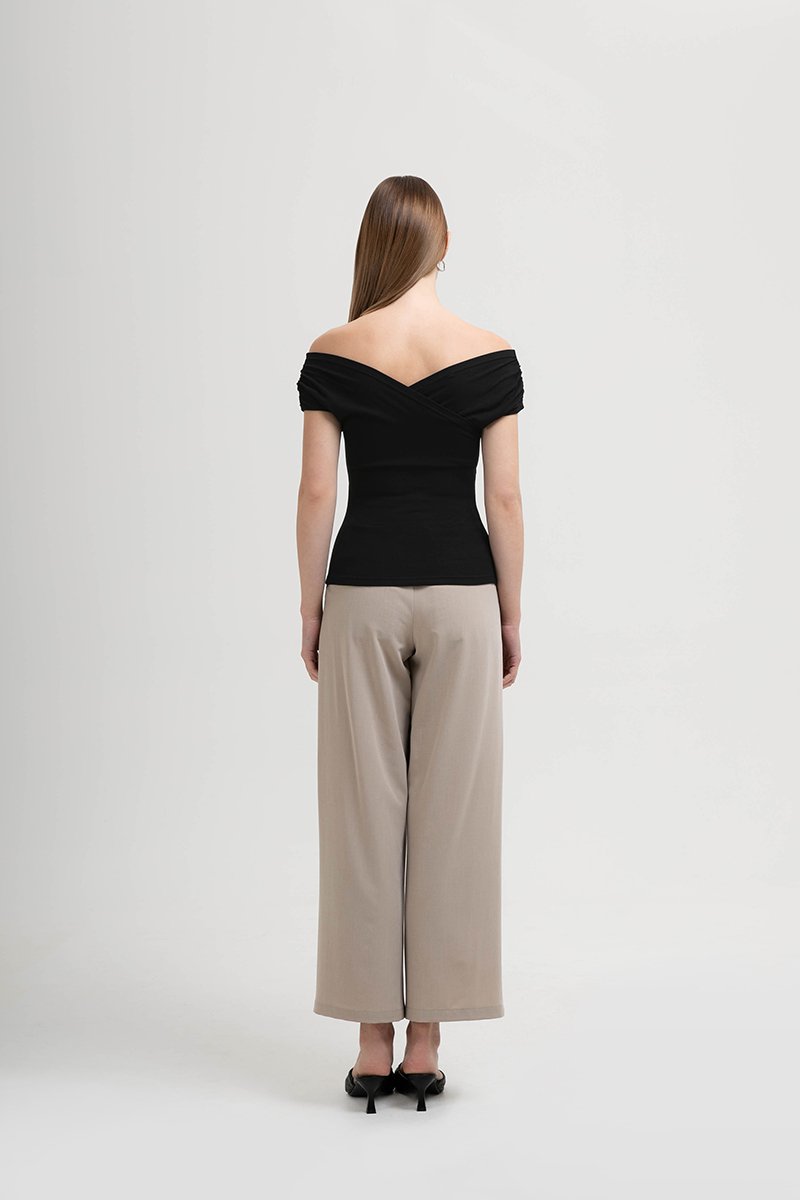 CAMILIA RUCHED OFF SHOULDER KNIT TOP