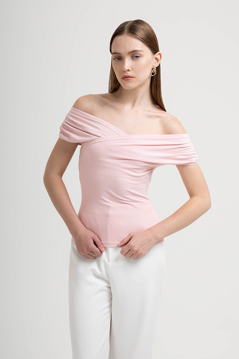 CAMILIA RUCHED OFF SHOULDER KNIT TOP