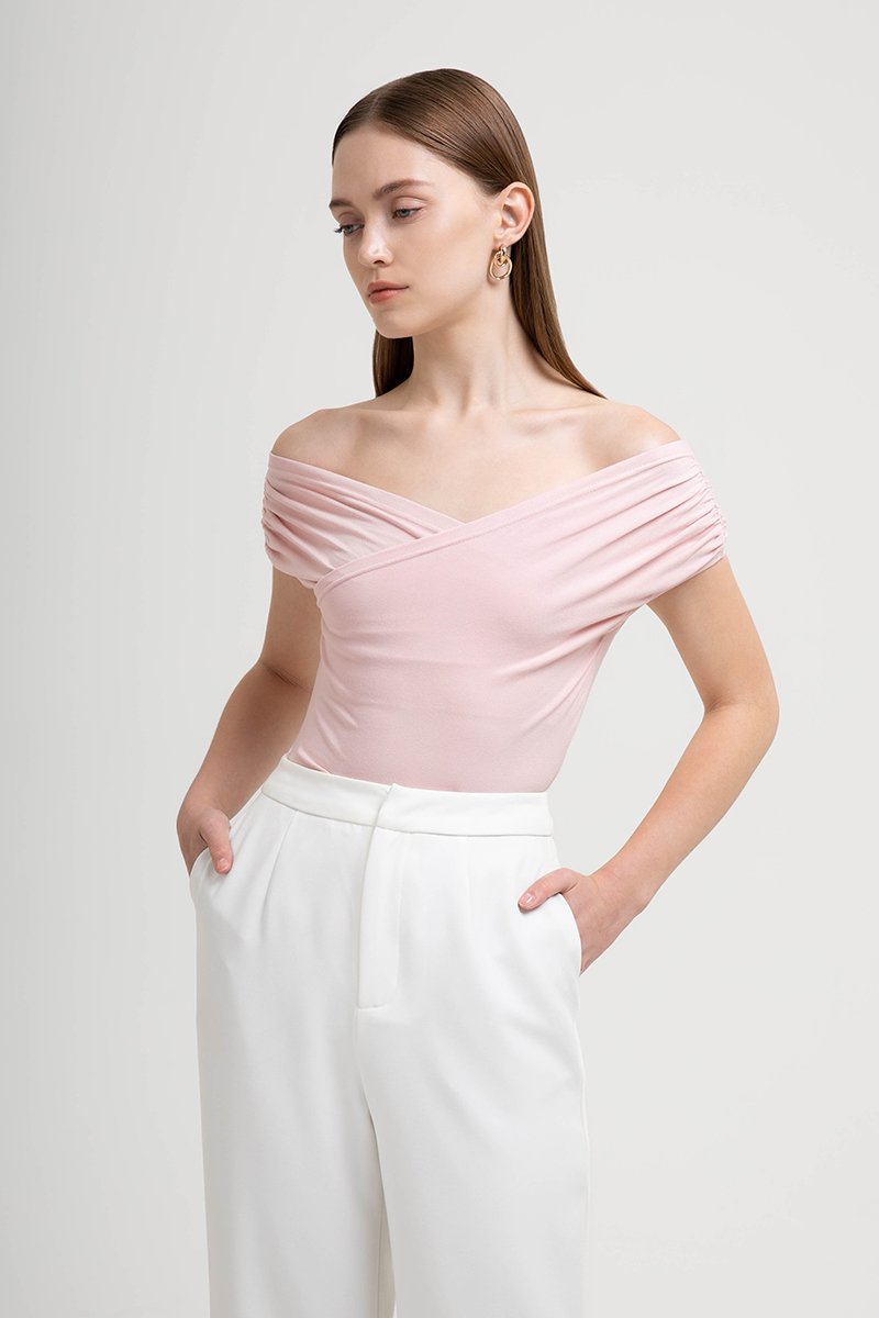 CAMILIA RUCHED OFF SHOULDER KNIT TOP