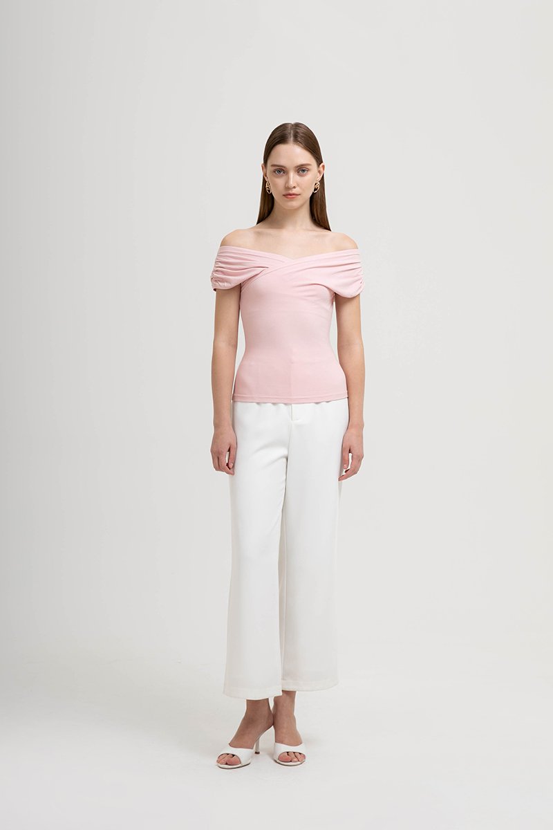 CAMILIA RUCHED OFF SHOULDER KNIT TOP