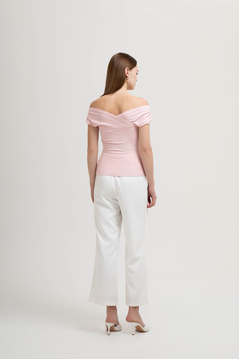 CAMILIA RUCHED OFF SHOULDER KNIT TOP