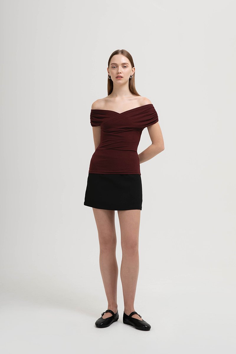 CAMILIA RUCHED OFF SHOULDER KNIT TOP