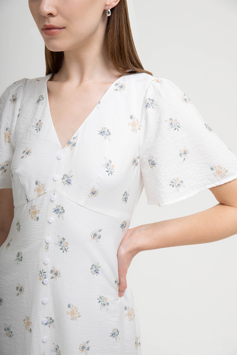 ANTHEA FLORAL PRINTED FLUTTER SLEEVES MIDI DRESS