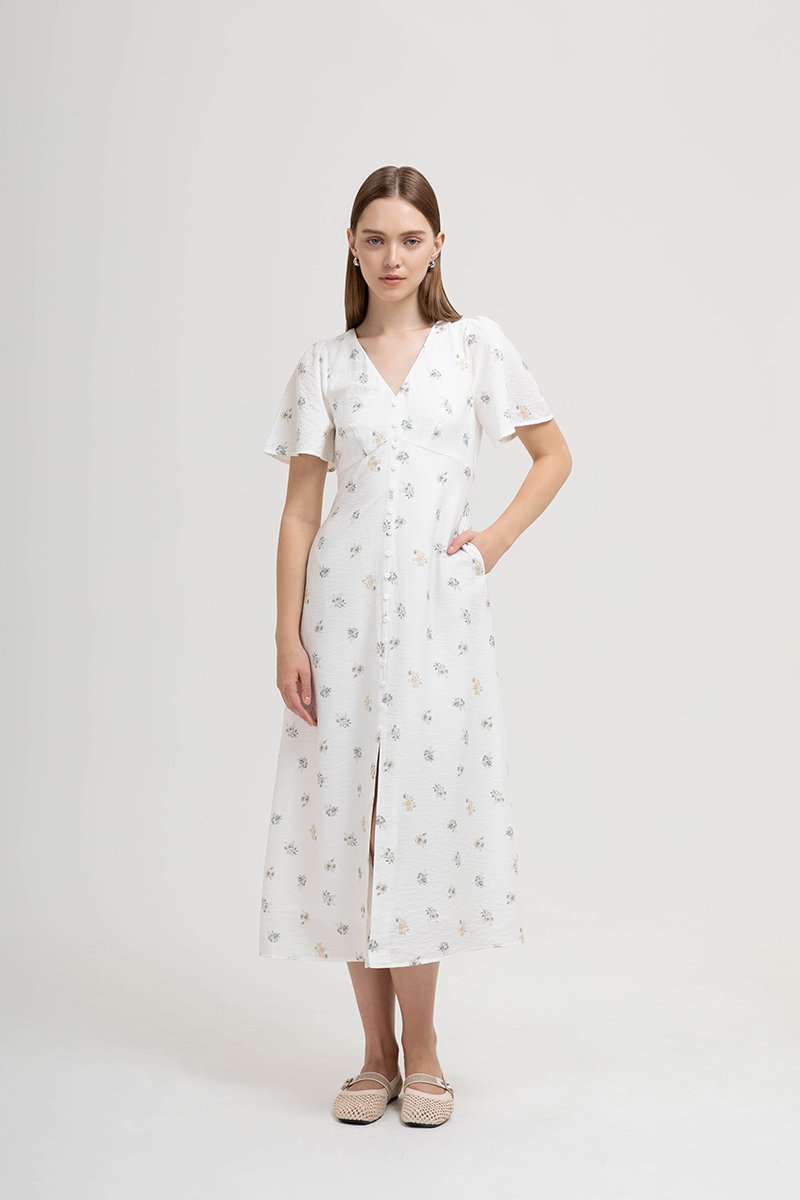 ANTHEA FLORAL PRINTED FLUTTER SLEEVES MIDI DRESS