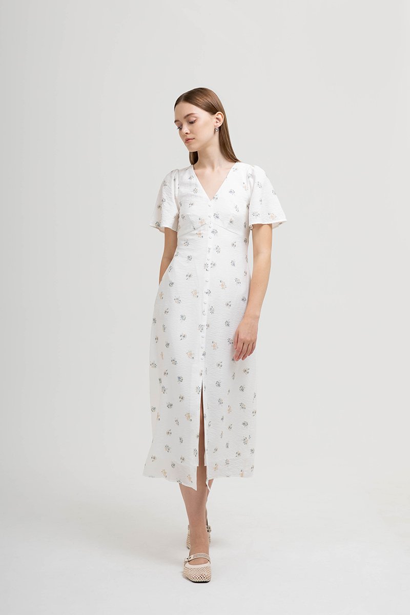 ANTHEA FLORAL PRINTED FLUTTER SLEEVES MIDI DRESS