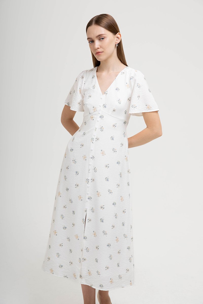 ANTHEA FLORAL PRINTED FLUTTER SLEEVES MIDI DRESS