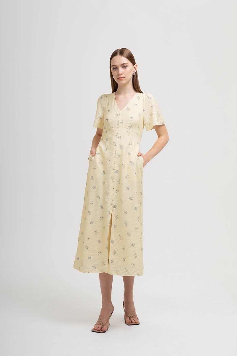 ANTHEA FLORAL PRINTED FLUTTER SLEEVES MIDI DRESS