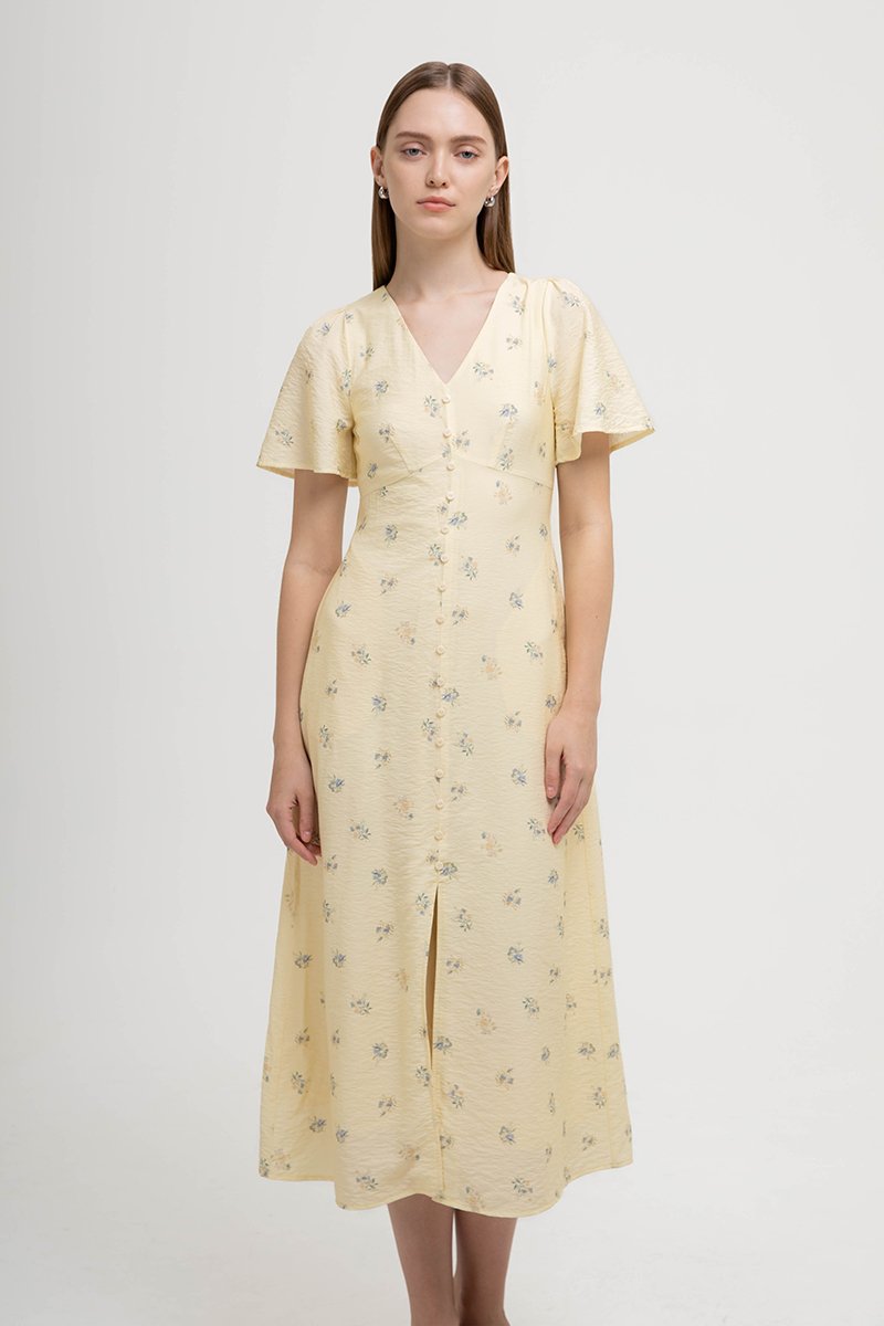 ANTHEA FLORAL PRINTED FLUTTER SLEEVES MIDI DRESS