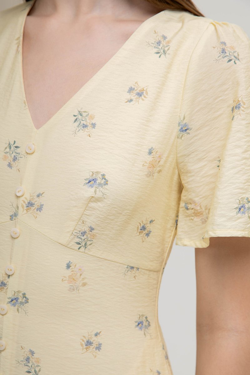 ANTHEA FLORAL PRINTED FLUTTER SLEEVES MIDI DRESS