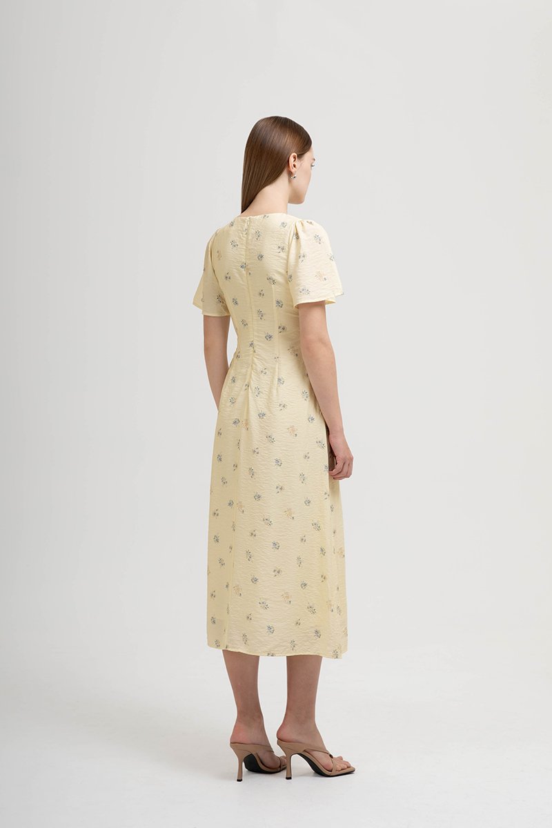 ANTHEA FLORAL PRINTED FLUTTER SLEEVES MIDI DRESS