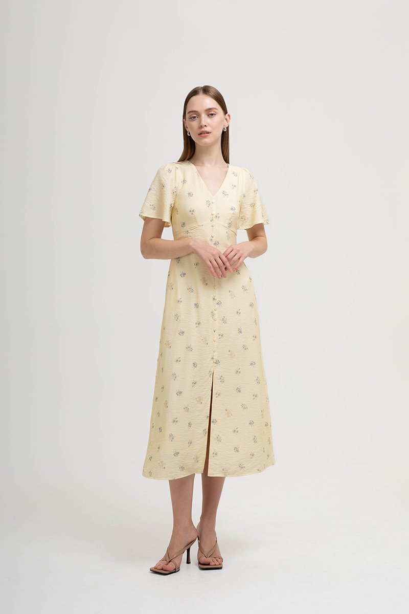 ANTHEA FLORAL PRINTED FLUTTER SLEEVES MIDI DRESS