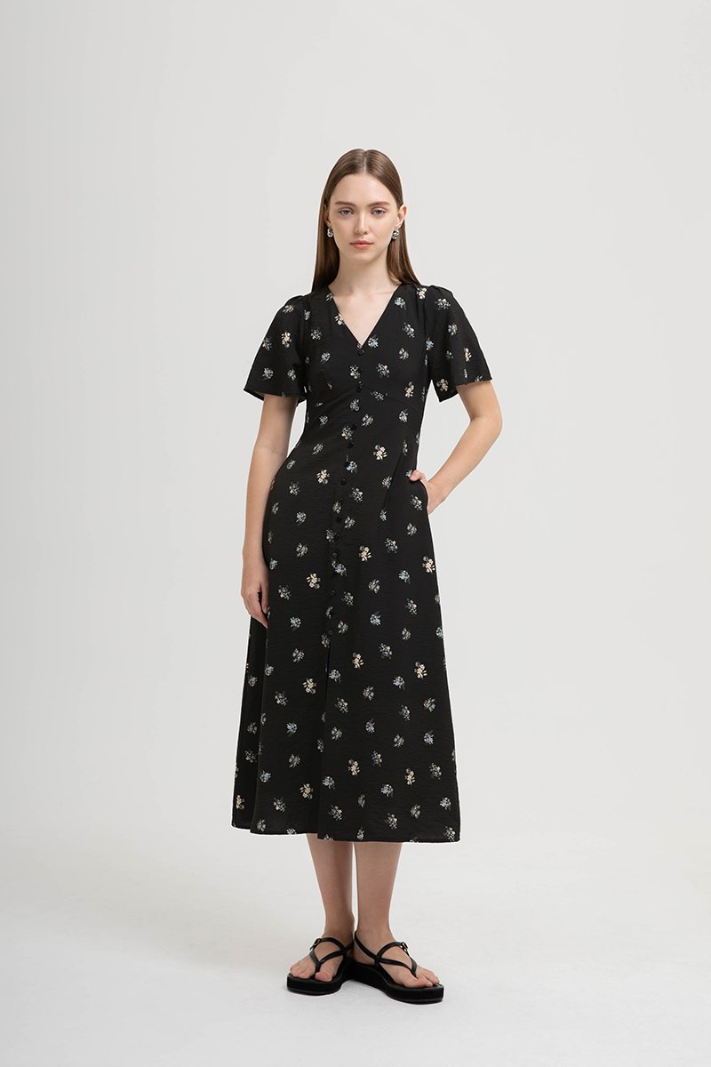ANTHEA FLORAL PRINTED FLUTTER SLEEVES MIDI DRESS