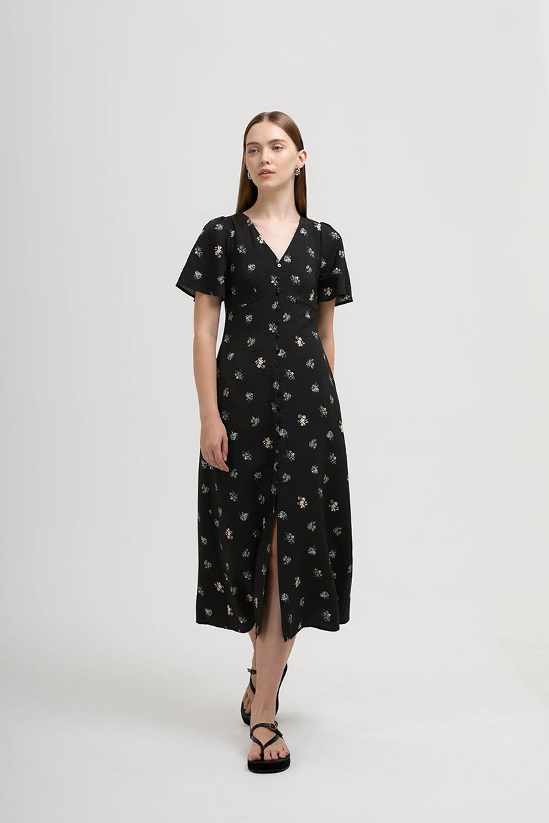 ANTHEA FLORAL PRINTED FLUTTER SLEEVES MIDI DRESS